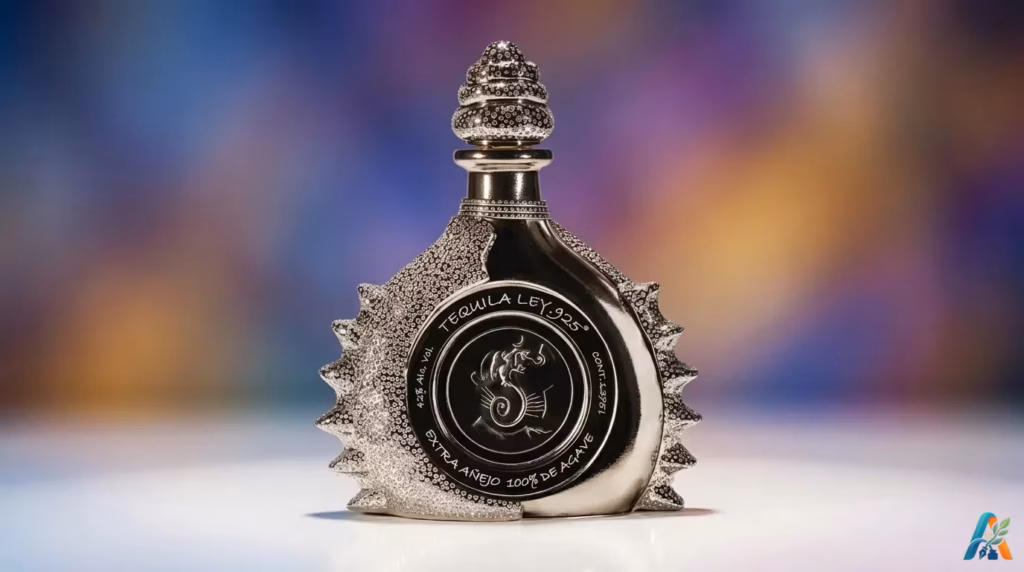 Botol mewah Tequila Ley .925 bertahtakan berlian dan emas putih berdiri tegak dengan latar belakang bokeh warna-warni.