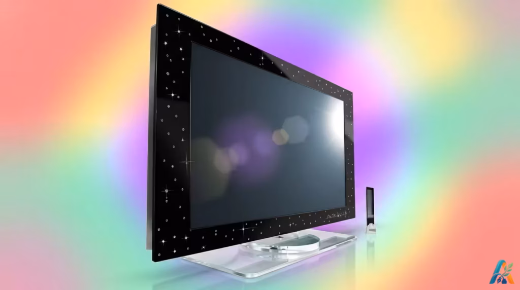 TV LCD Yalos Diamonds warna hitam bertahtakan berlian berkilau dengan latar belakang gradasi warna-warni pastel.