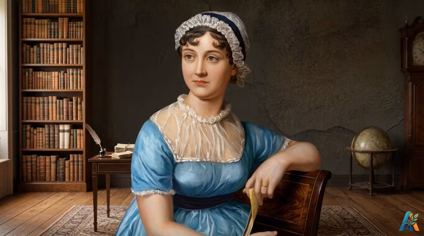 Potret lukisan klasik penulis Inggris Jane Austen yang mengenakan gaun biru dan topi cap khas era Regency.