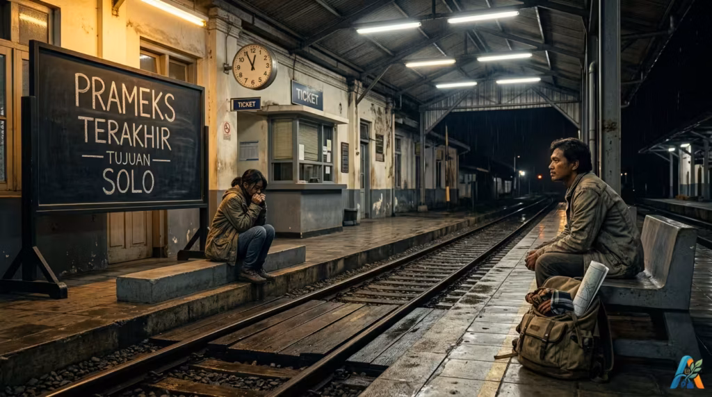 Ratih duduk kedinginan di peron Stasiun Tugu dekat papan Prameks Terakhir Tujuan Solo, berjarak tiga meter dari pria berjaket belel.