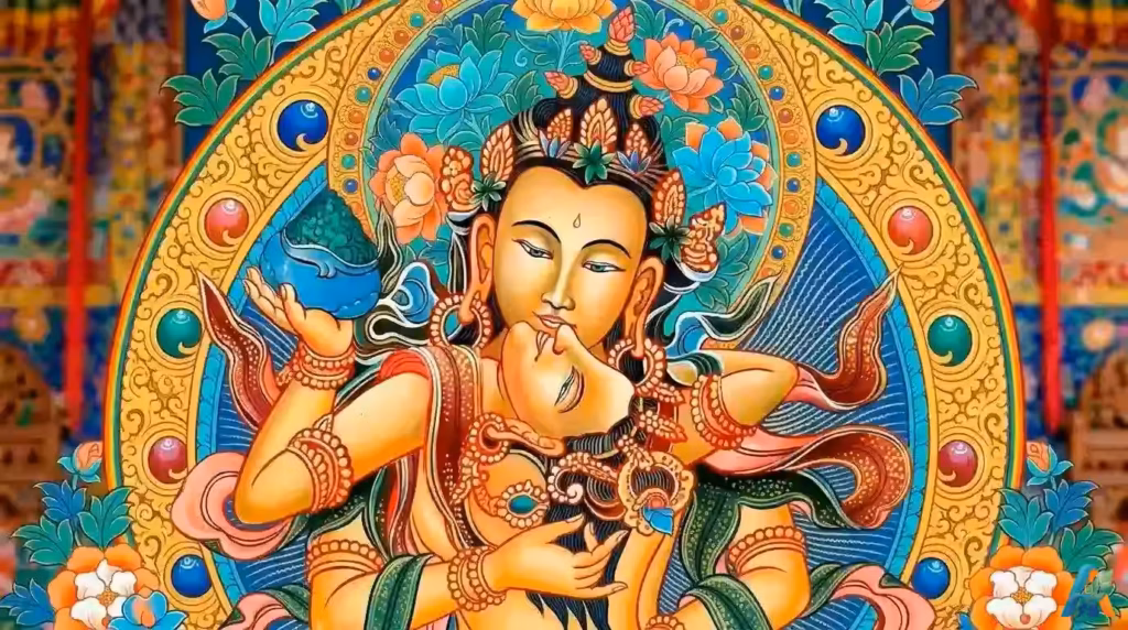 Lukisan thangka tradisional gaya Tibet menggambarkan dewa dan dewi Buddha dalam posisi Yab-Yum yang saling berpelukan erat.
