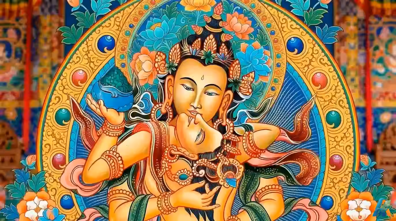 Lukisan thangka tradisional gaya Tibet menggambarkan dewa dan dewi Buddha dalam posisi Yab-Yum yang saling berpelukan erat.