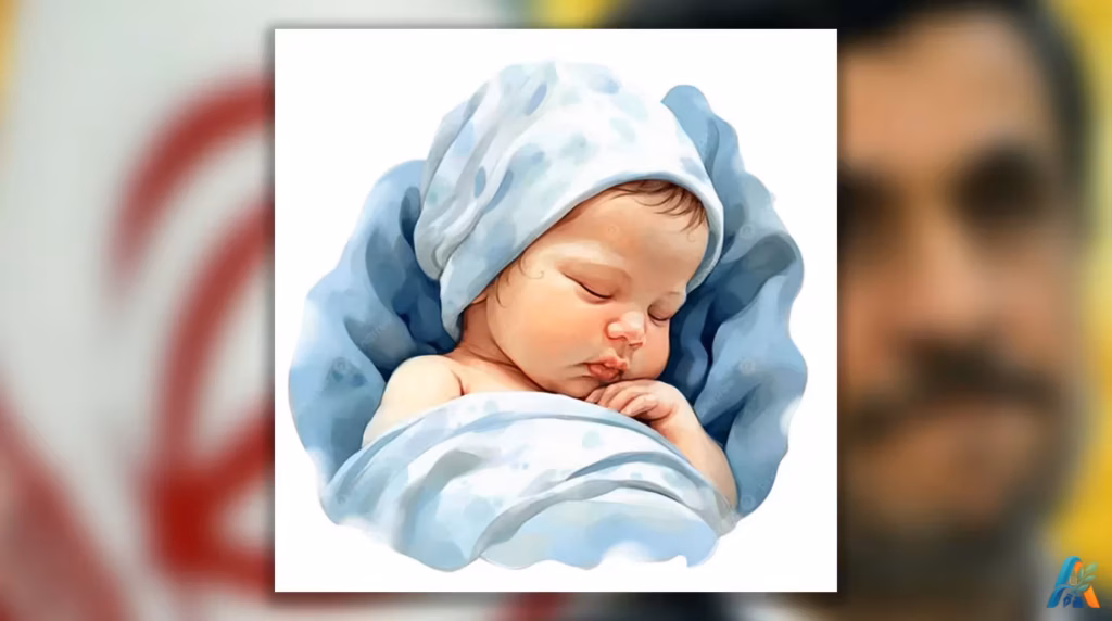 Ilustrasi cat air bayi tidur berselimut biru dengan latar belakang buram wajah Mahmoud Ahmadinejad