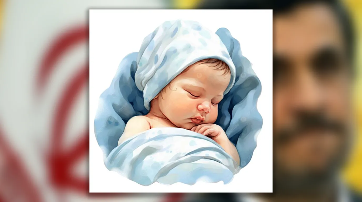 Ilustrasi cat air bayi tidur berselimut biru dengan latar belakang buram wajah Mahmoud Ahmadinejad