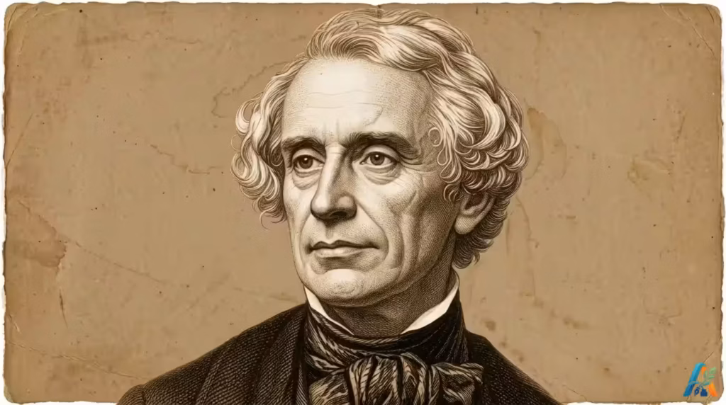 Ilustrasi potret potong cetak hitam putih Samuel Morse penemu kode morse berlatar belakang kertas antik, dari file samuel-morse.webp