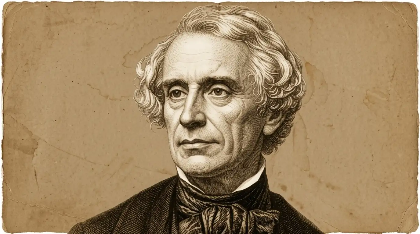 Ilustrasi potret potong cetak hitam putih Samuel Morse penemu kode morse berlatar belakang kertas antik, dari file samuel-morse.webp
