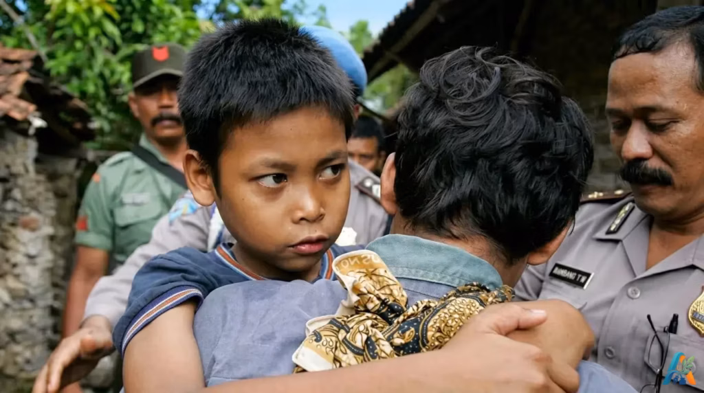 Seorang anak laki-laki berbaju biru dipeluk erat oleh seseorang, di kelilingi oleh beberapa aparat kepolisian yang berjaga.