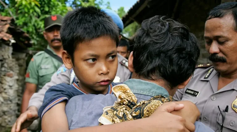 Seorang anak laki-laki berbaju biru dipeluk erat oleh seseorang, di kelilingi oleh beberapa aparat kepolisian yang berjaga.