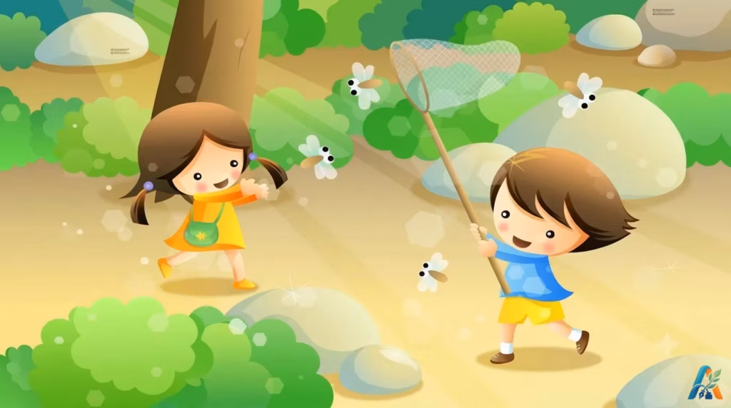 Ilustrasi kartun ceria anak laki-laki dan perempuan sedang bermain menangkap serangga dengan jaring di taman yang asri dan penuh warna.