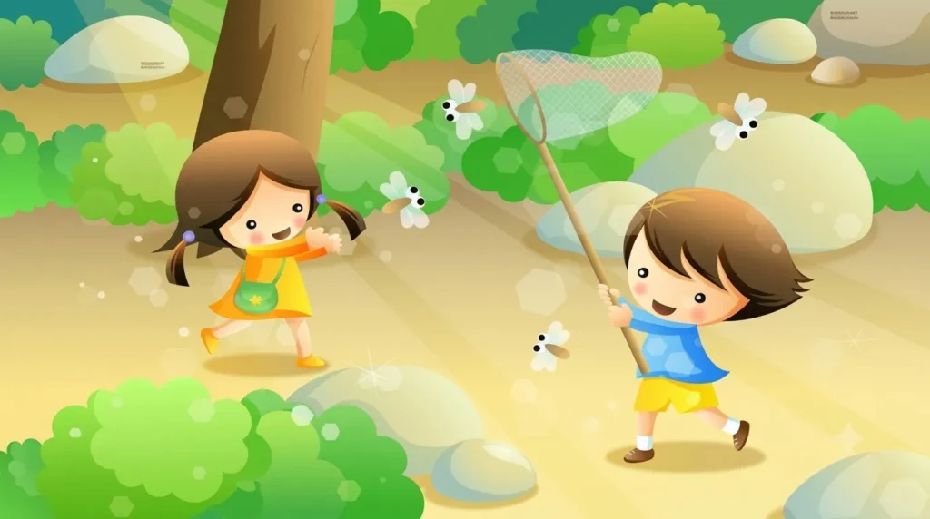 Ilustrasi kartun ceria anak laki-laki dan perempuan sedang bermain menangkap serangga dengan jaring di taman yang asri dan penuh warna.