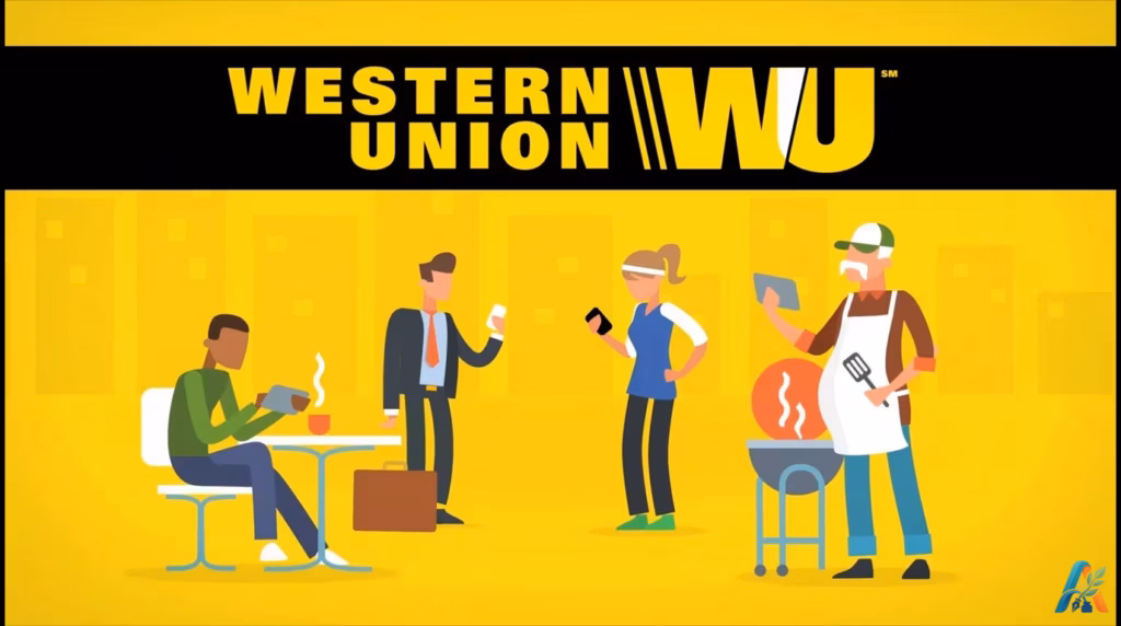 Logo Western Union dengan ilustrasi orang dari berbagai latar belakang sedang menggunakan perangkat seluler di latar belakang kuning cerah.