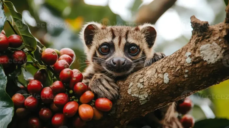 Luwak atau musang luwak Asia yang lucu sedang berada di dahan pohon kopi dengan buah kopi merah matang di sekitarnya.