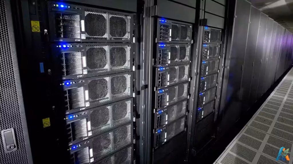 Rak server superkomputer IBM Roadrunner dengan deretan unit pemrosesan yang tersusun rapi dalam ruang pusat data yang luas.