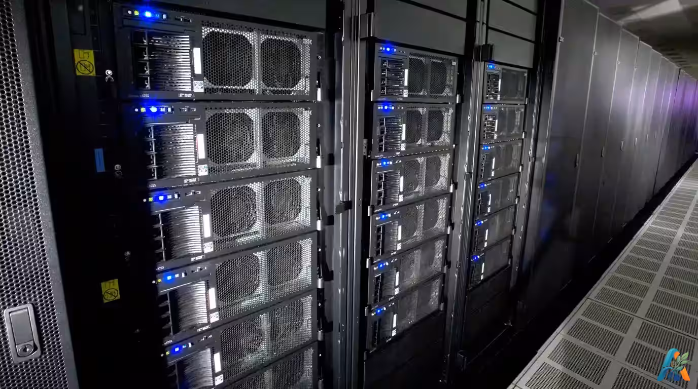 Rak server superkomputer IBM Roadrunner dengan deretan unit pemrosesan yang tersusun rapi dalam ruang pusat data yang luas.