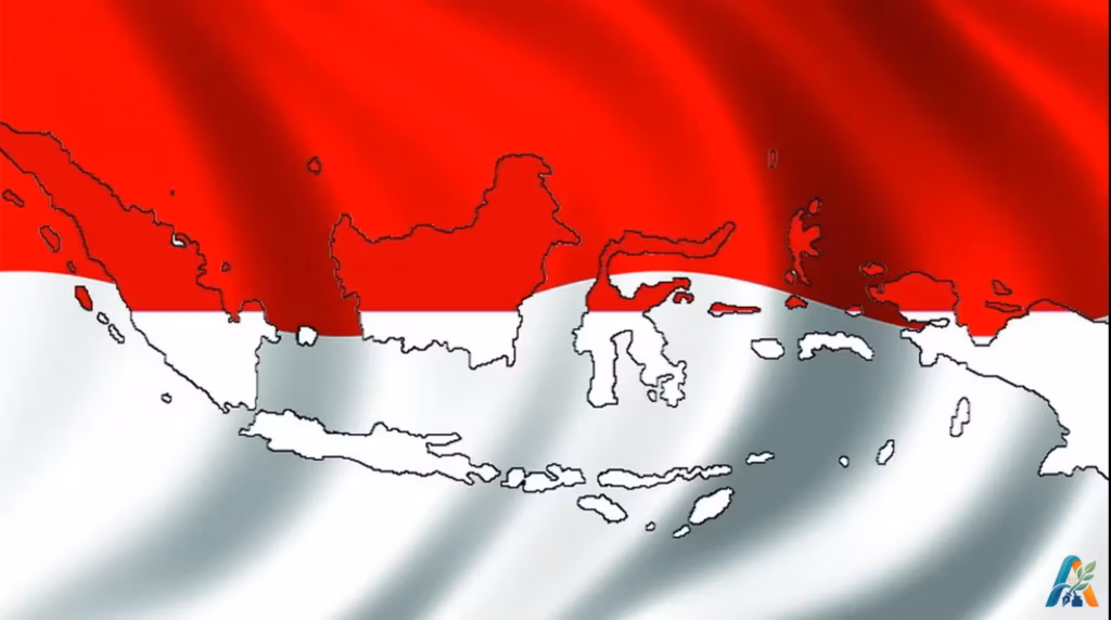 Ilustrasi peta wilayah kepulauan Indonesia dengan latar belakang bendera Merah Putih yang berkibar.