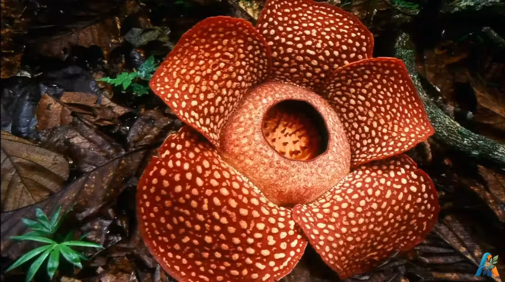 Bunga raksasa berwarna merah dengan bintik-bintik putih mekar di atas lantai hutan yang dipenuhi dedaunan kering.