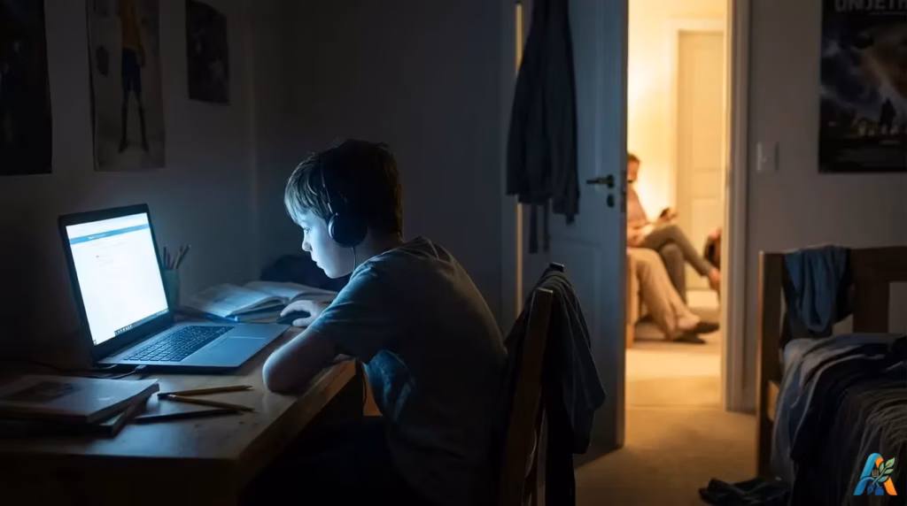 Seorang anak laki-laki menggunakan laptop di dalam kamar tidur yang gelap, dengan cahaya dari layar yang menerangi wajahnya dan pintu yang terbuka ke ruangan yang terang di latar belakang.