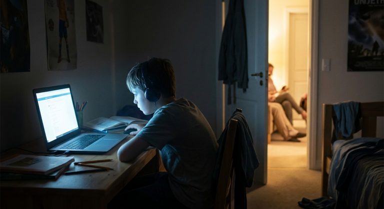 Seorang anak laki-laki menggunakan laptop di dalam kamar tidur yang gelap, dengan cahaya dari layar yang menerangi wajahnya dan pintu yang terbuka ke ruangan yang terang di latar belakang.