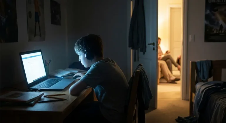 Seorang anak laki-laki menggunakan laptop di dalam kamar tidur yang gelap, dengan cahaya dari layar yang menerangi wajahnya dan pintu yang terbuka ke ruangan yang terang di latar belakang.