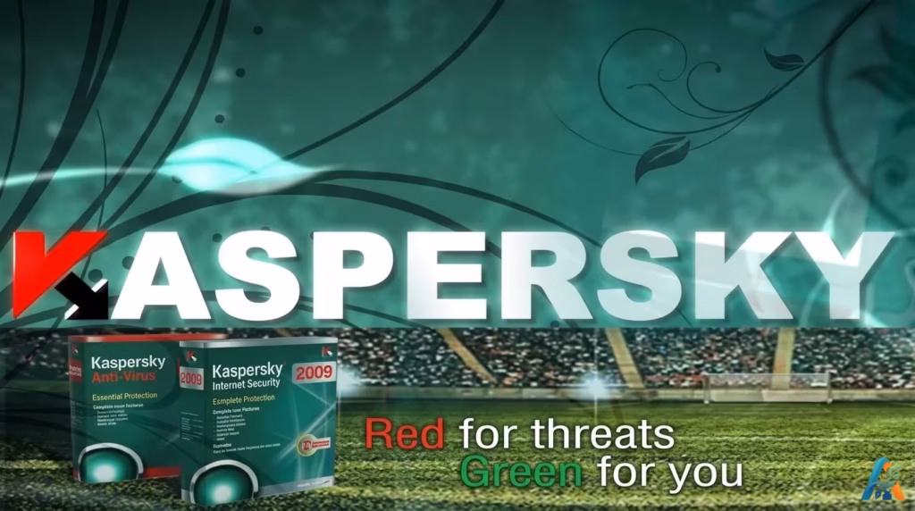 Tampilan layar peluncuran perangkat lunak antivirus Kaspersky Internet Security 2009 dengan latar belakang bertema stadion sepak bola dan elemen desain.