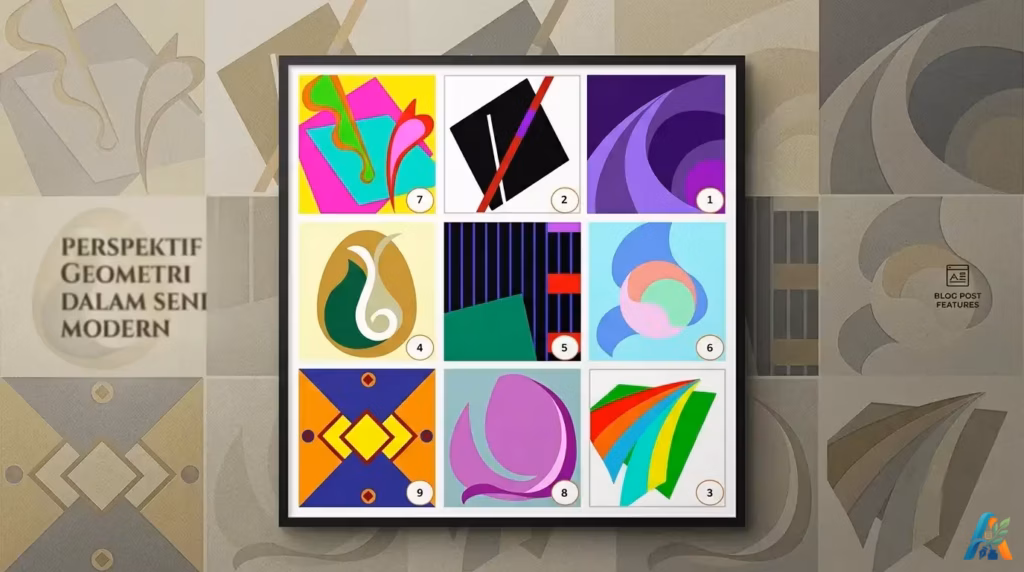 Matriks 9 pilihan gambar abstrak geometri warna-warni berbingkai hitam untuk tes kepribadian visual