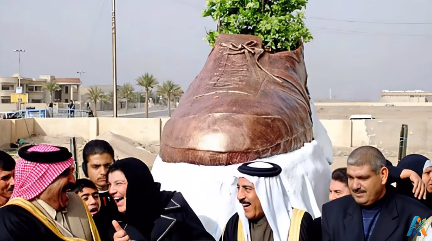 Monumen sepatu raksasa di Irak yang dibangun untuk mengenang aksi protes jurnalis Muntadhar al-Zaidi, dengan tanaman tumbuh di dalamnya.
