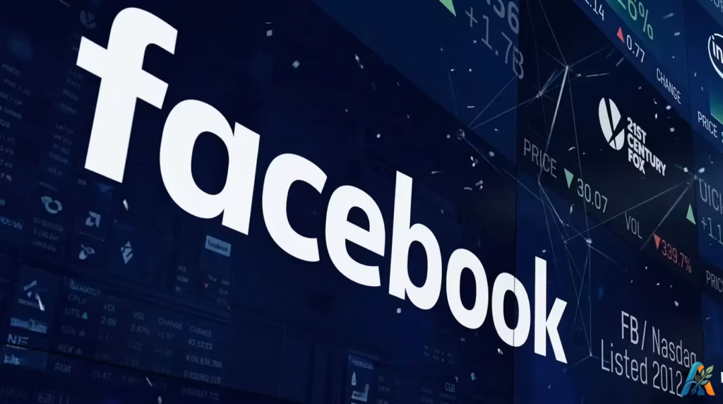 Logo Facebook putih besar berlatar belakang layar bursa saham teknologi digital, gambar pendukung cara mengupload foto ke facebook mobile menggunakan handphone