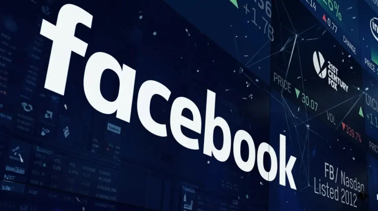 Logo Facebook putih besar berlatar belakang layar bursa saham teknologi digital, gambar pendukung cara mengupload foto ke facebook mobile menggunakan handphone