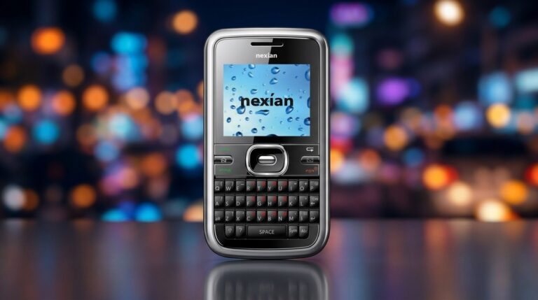 Foto produk estetik HP jadul Nexian NX-G900 berlatar belakang lampu bokeh kota malam hari beresolusi tinggi