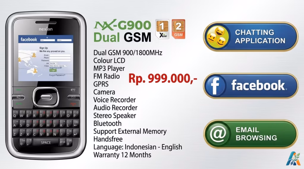 Infografis spesifikasi HP Nexian NX-G900 Dual GSM dengan keyboard QWERTY dan fitur Facebook seharga Rp 999.000