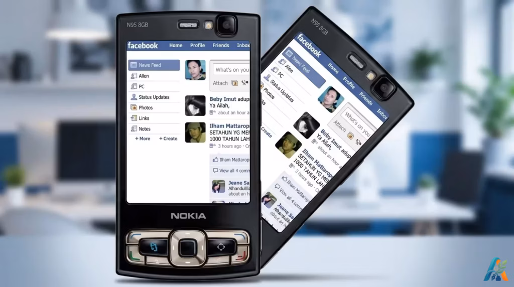 Ponsel klasik Nokia N95 8GB menampilkan antarmuka aplikasi Facebook jadul, membawa nostalgia era awal penggunaan media sosial di ponsel.