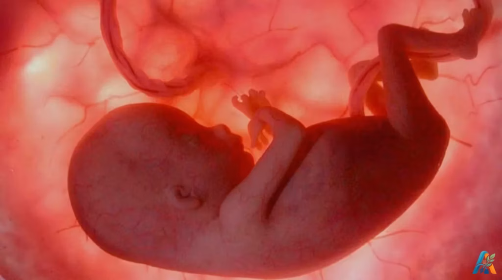 Visualisasi medis janin di dalam rahim pada trimester kedua, memperlihatkan perkembangan anggota tubuh dan struktur bayi yang mulai jelas.