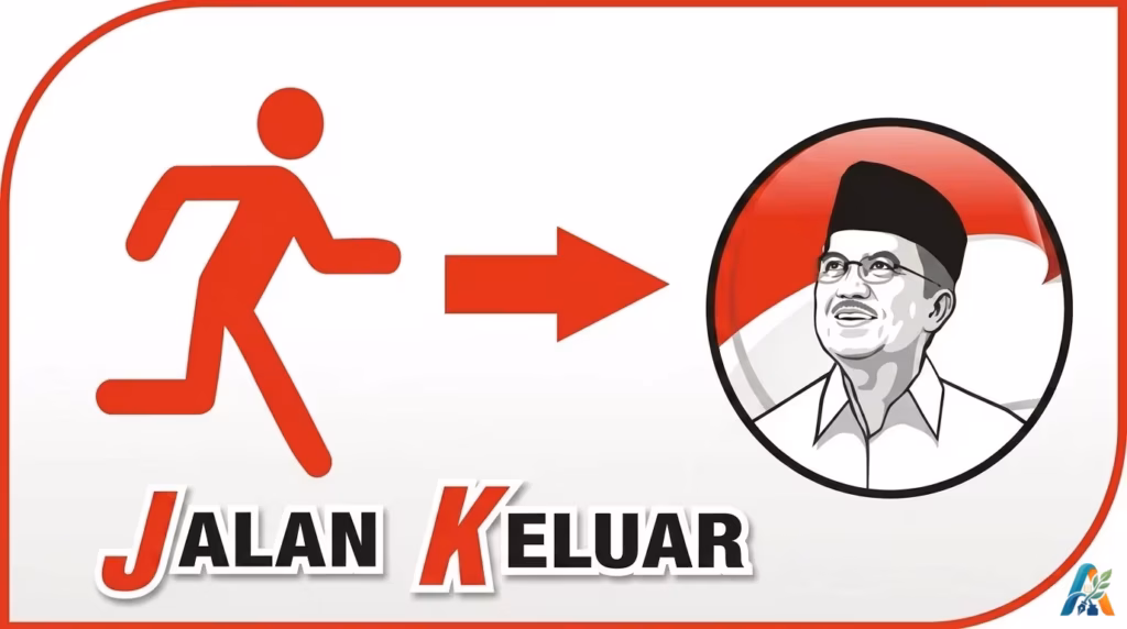 Ilustrasi kreatif bertuliskan Jalan Keluar dengan simbol orang berlari menuju gambar karikatur Jusuf Kalla dalam lingkaran berlatar bendera Indonesia.