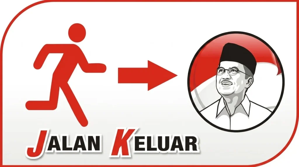 Ilustrasi kreatif bertuliskan Jalan Keluar dengan simbol orang berlari menuju gambar karikatur Jusuf Kalla dalam lingkaran berlatar bendera Indonesia.