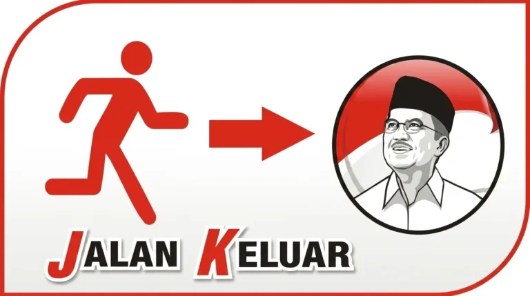 Ilustrasi kreatif bertuliskan Jalan Keluar dengan simbol orang berlari menuju gambar karikatur Jusuf Kalla dalam lingkaran berlatar bendera Indonesia.
