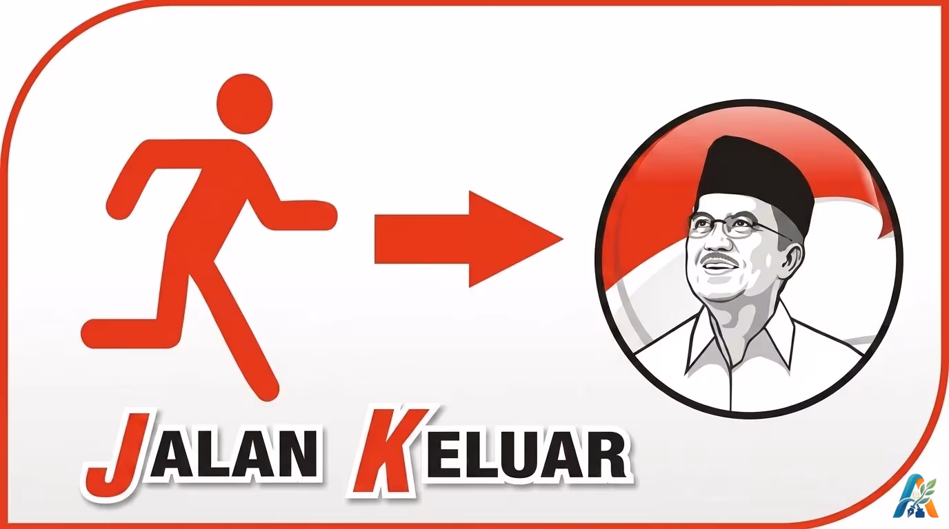 Ilustrasi kreatif bertuliskan Jalan Keluar dengan simbol orang berlari menuju gambar karikatur Jusuf Kalla dalam lingkaran berlatar bendera Indonesia.