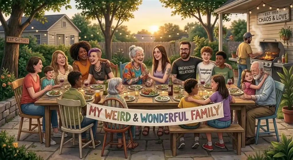 A diverse, complex blended family laughing and talking together at a crowded backyard dinner table with a banner reading "My Weird & Wonderful Family," illustrating unconventional family dynamics.