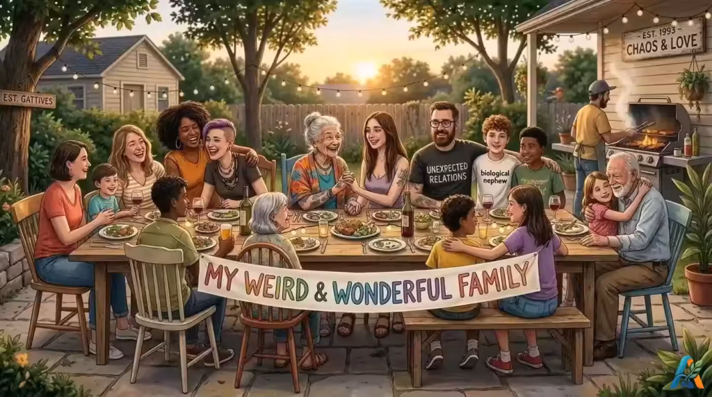 A diverse, complex blended family laughing and talking together at a crowded backyard dinner table with a banner reading "My Weird & Wonderful Family," illustrating unconventional family dynamics.