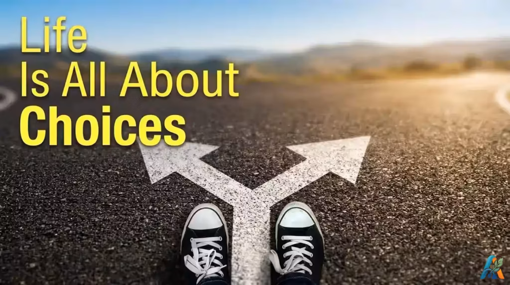 Seseorang memakai sepatu kanvas berdiri di persimpangan jalan dengan teks Life Is All About Choices
