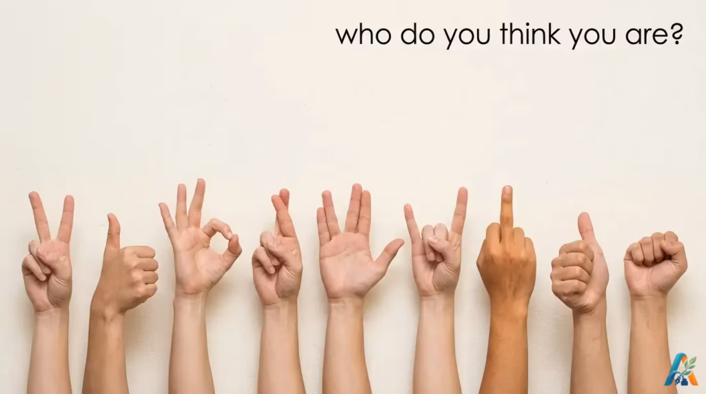 Ilustrasi fungsi jari tengah menampilkan berbagai gerakan tangan dengan teks who do you think you are