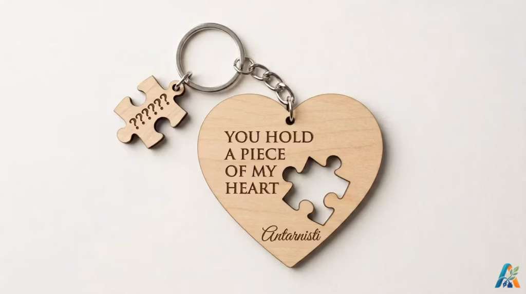 Gantungan kunci kayu berbentuk hati dengan tulisan "You Hold a Piece of My Heart" dan potongan puzzle terpisah yang unik sebagai hadiah romantis.