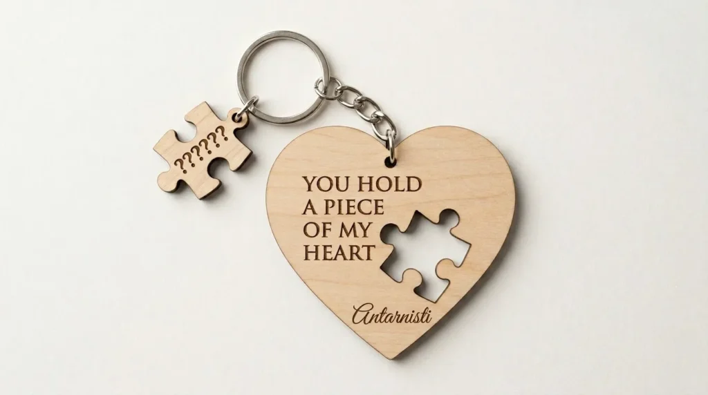 Gantungan kunci kayu berbentuk hati dengan tulisan "You Hold a Piece of My Heart" dan potongan puzzle terpisah yang unik sebagai hadiah romantis.