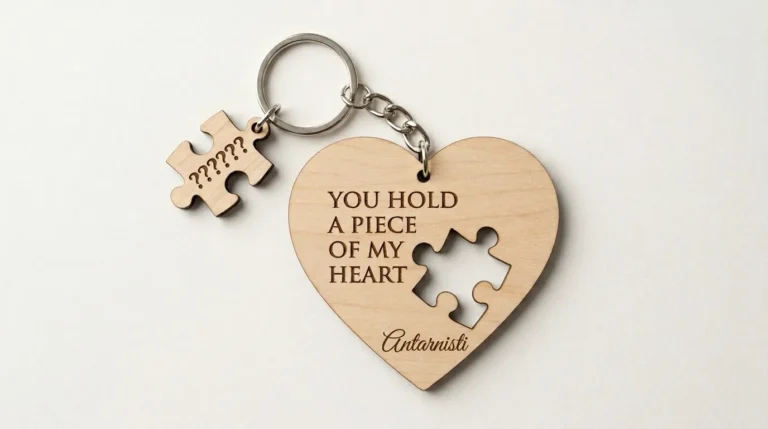 Gantungan kunci kayu berbentuk hati dengan tulisan "You Hold a Piece of My Heart" dan potongan puzzle terpisah yang unik sebagai hadiah romantis.