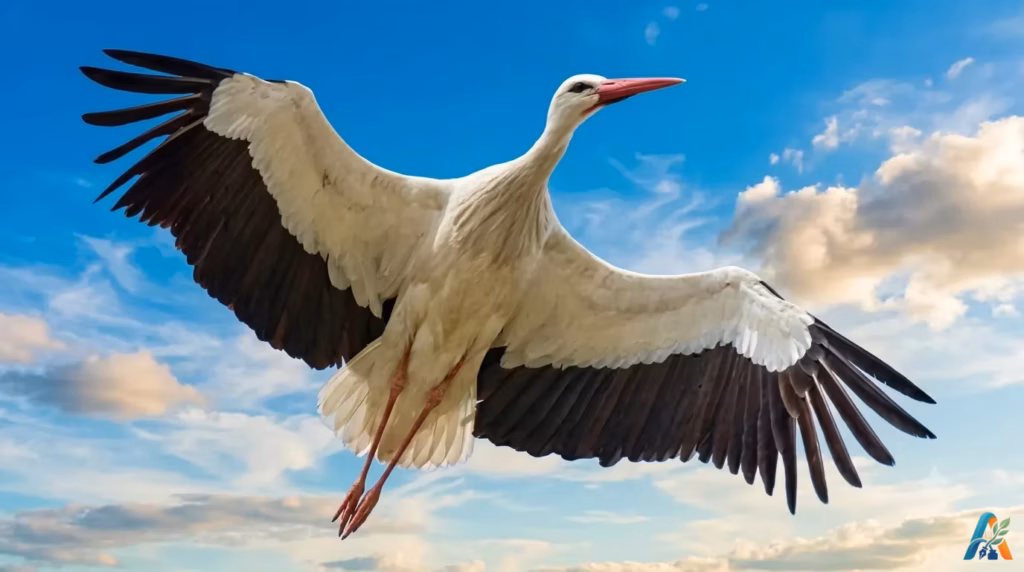 Burung bangau putih sedang terbang mengepakkan sayap lebar berlatar belakang langit biru cerah berawan putih.