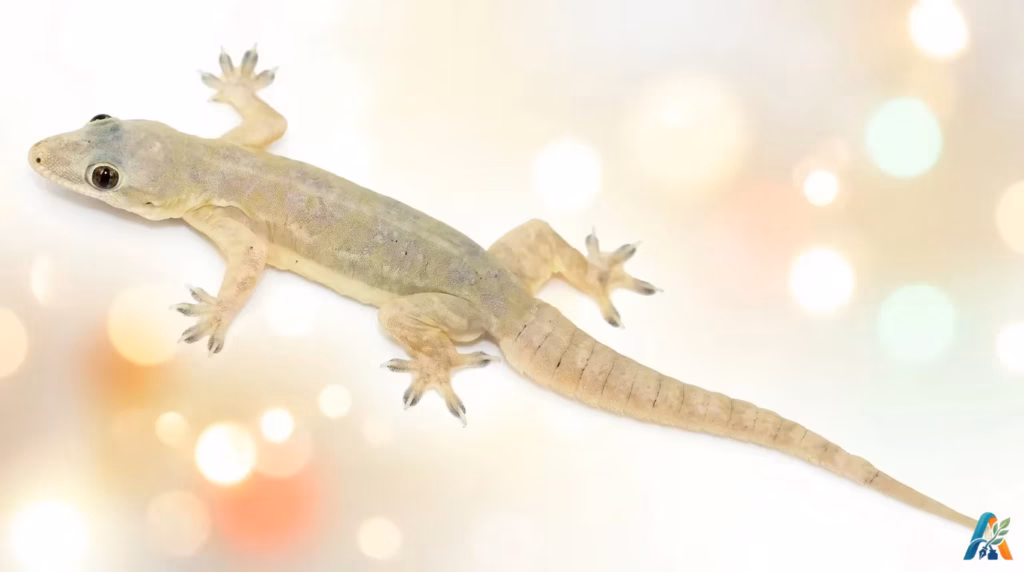 Seekor cicak rumah (Hemidactylus frenatus) merayap dengan latar belakang bokeh yang terang dan estetik.