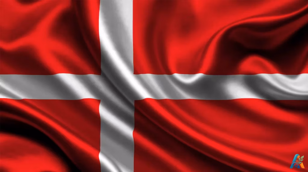Bendera Denmark berwarna merah dengan salib putih asimetris bergaya kain sutra bergelombang halus.