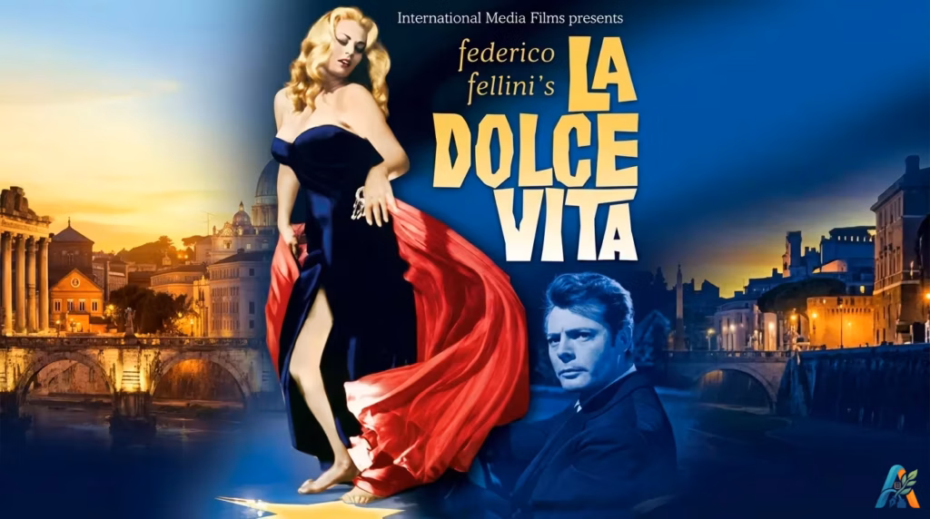 Poster film La Dolce Vita karya Federico Fellini menampilkan Anita Ekberg bergaun hitam dan Marcello Mastroianni dengan latar belakang kota Roma.