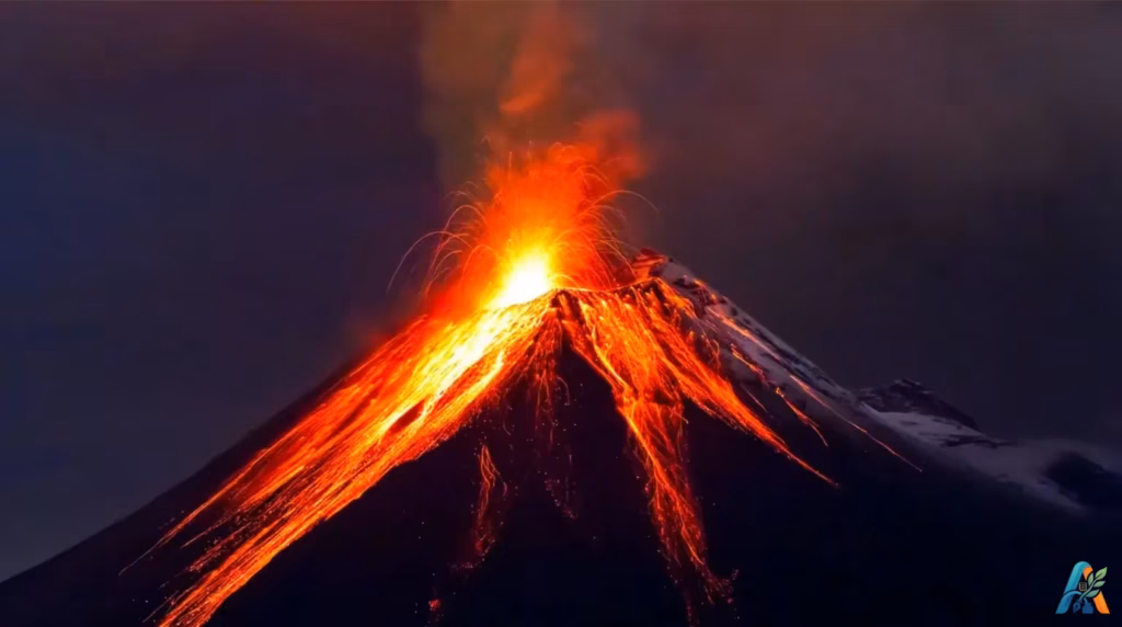 Letusan gunung berapi aktif mengeluarkan lava pijar merah menyala dan kepulan asap hitam di malam hari.