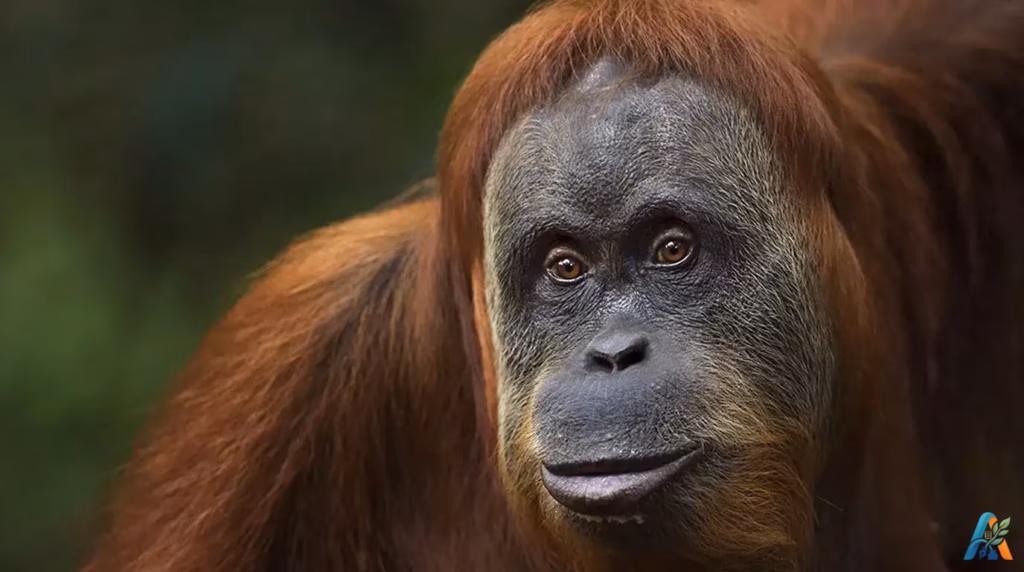 Close-up wajah orang utan dengan bulu cokelat kemerahan menatap ke depan dengan latar belakang hijau kabur alami.