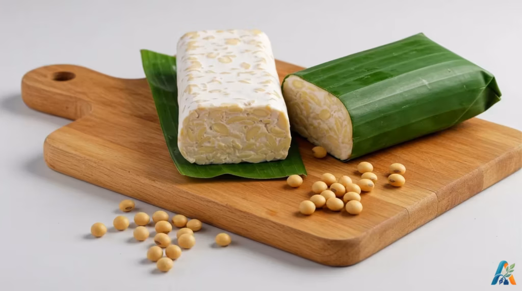 Tempe mentah beralaskan daun pisang di atas talenan kayu dengan butiran kacang kedelai di sekitarnya.